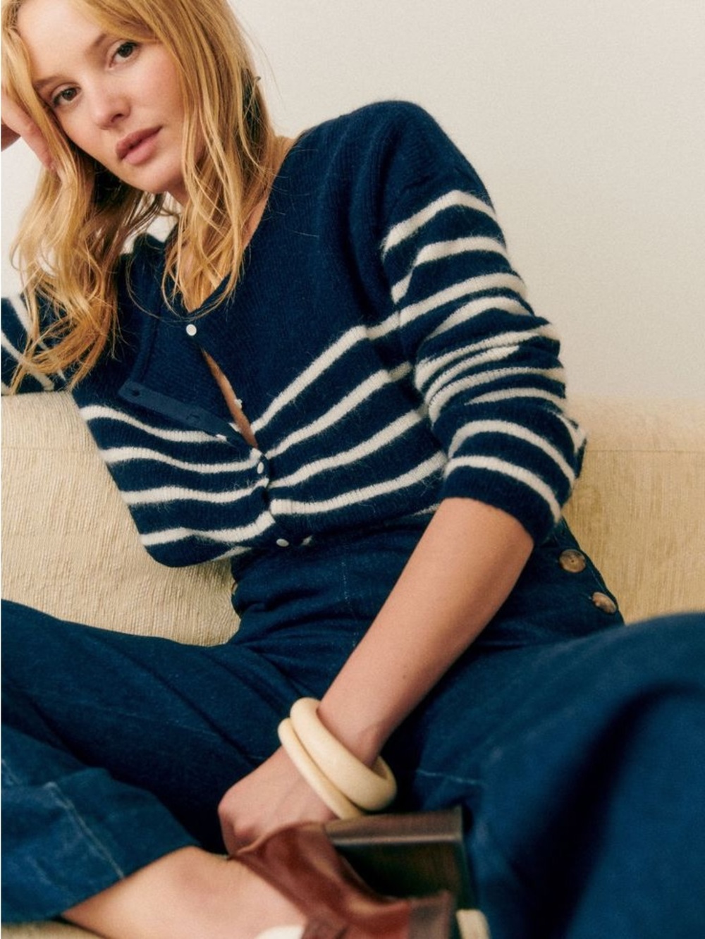 Sézane Gaspard Cardigan in Navy Ecru Stripe